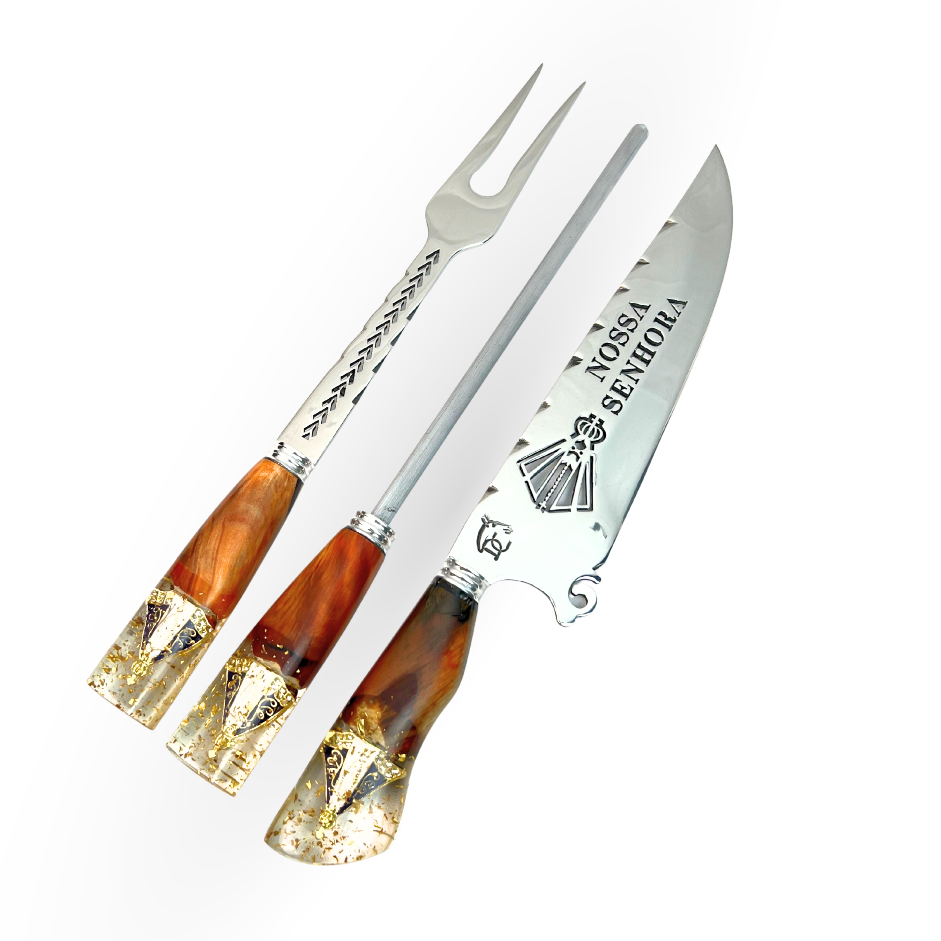 Kit Artesanal 10" 3 Peças (Garfo + Faca + Chaira) - Cabo Híbrido Madeira e Resina com Nossa Senhora