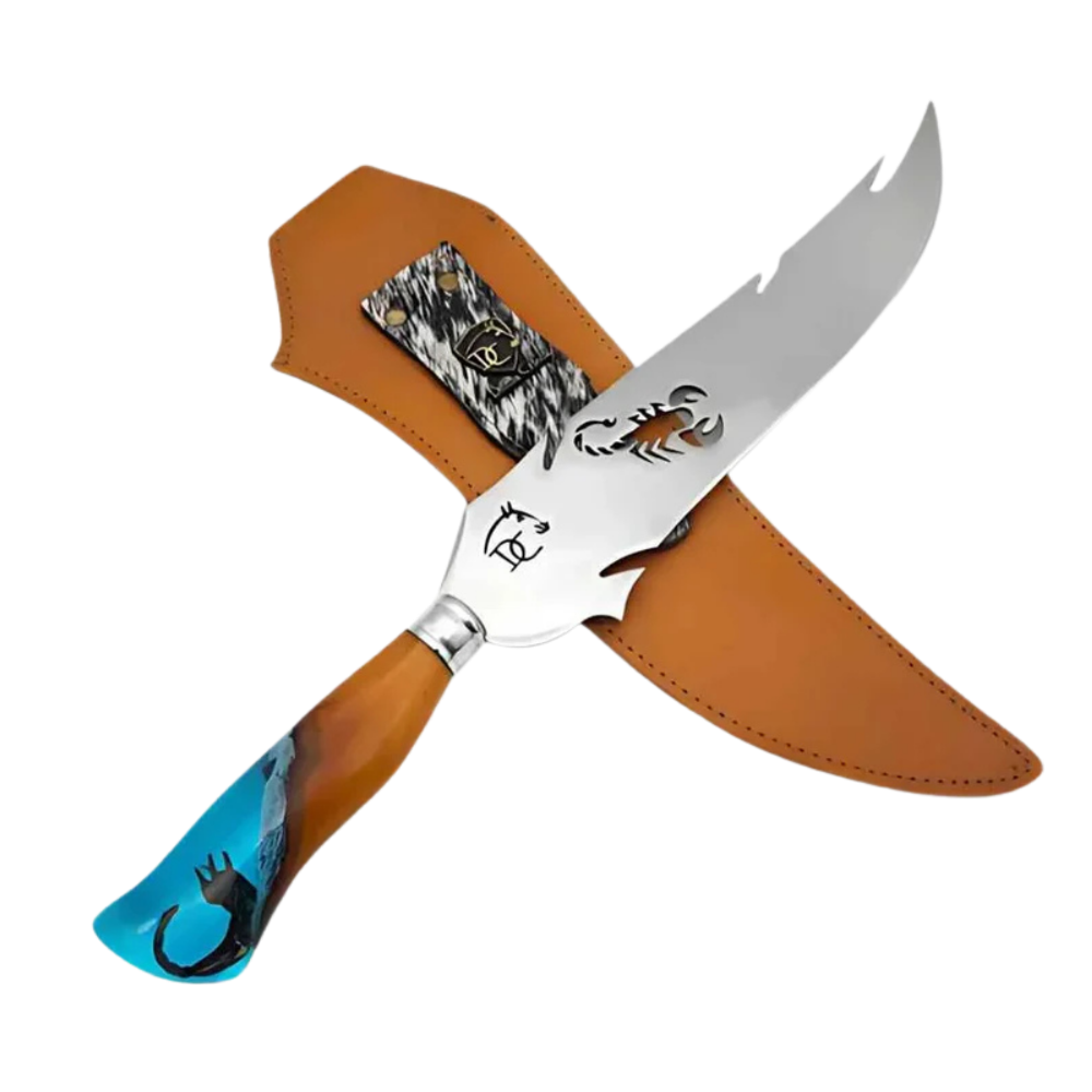 Faca Picanheira Escorpião Artesanal 10" Aço Inox Polido - Cabo Resina Artística Azul