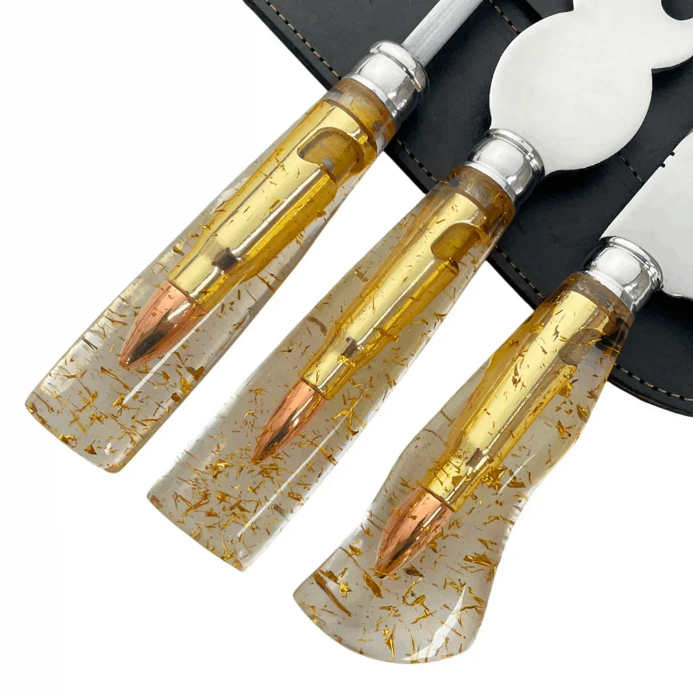 Kit Churrasco 3 Peças Gold - Faca 8" Garfo Chaira Cabo Resina Dourada