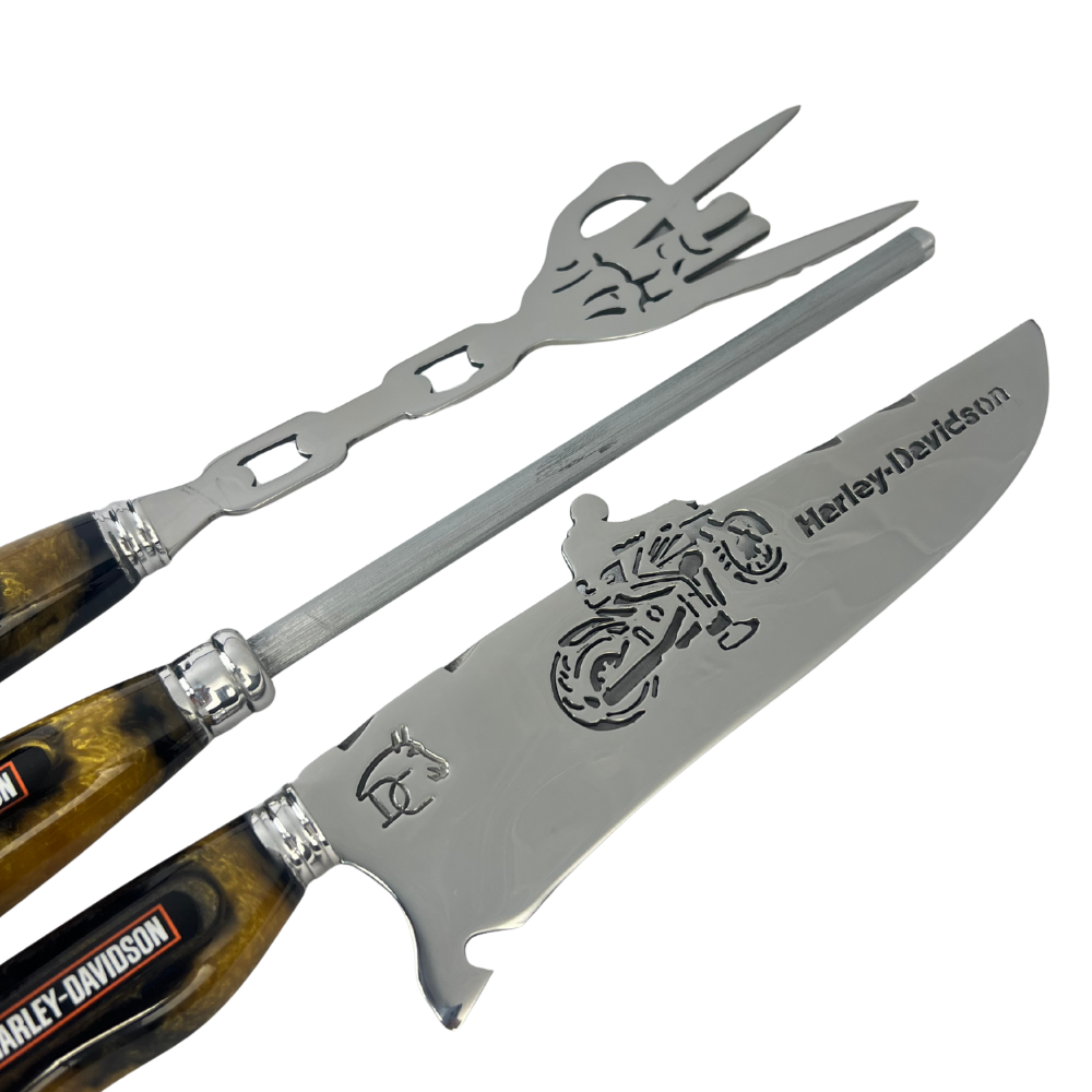 Kit Faca, Garfo e Chaira Harley-Davidson - Cabo Resina Personalizado