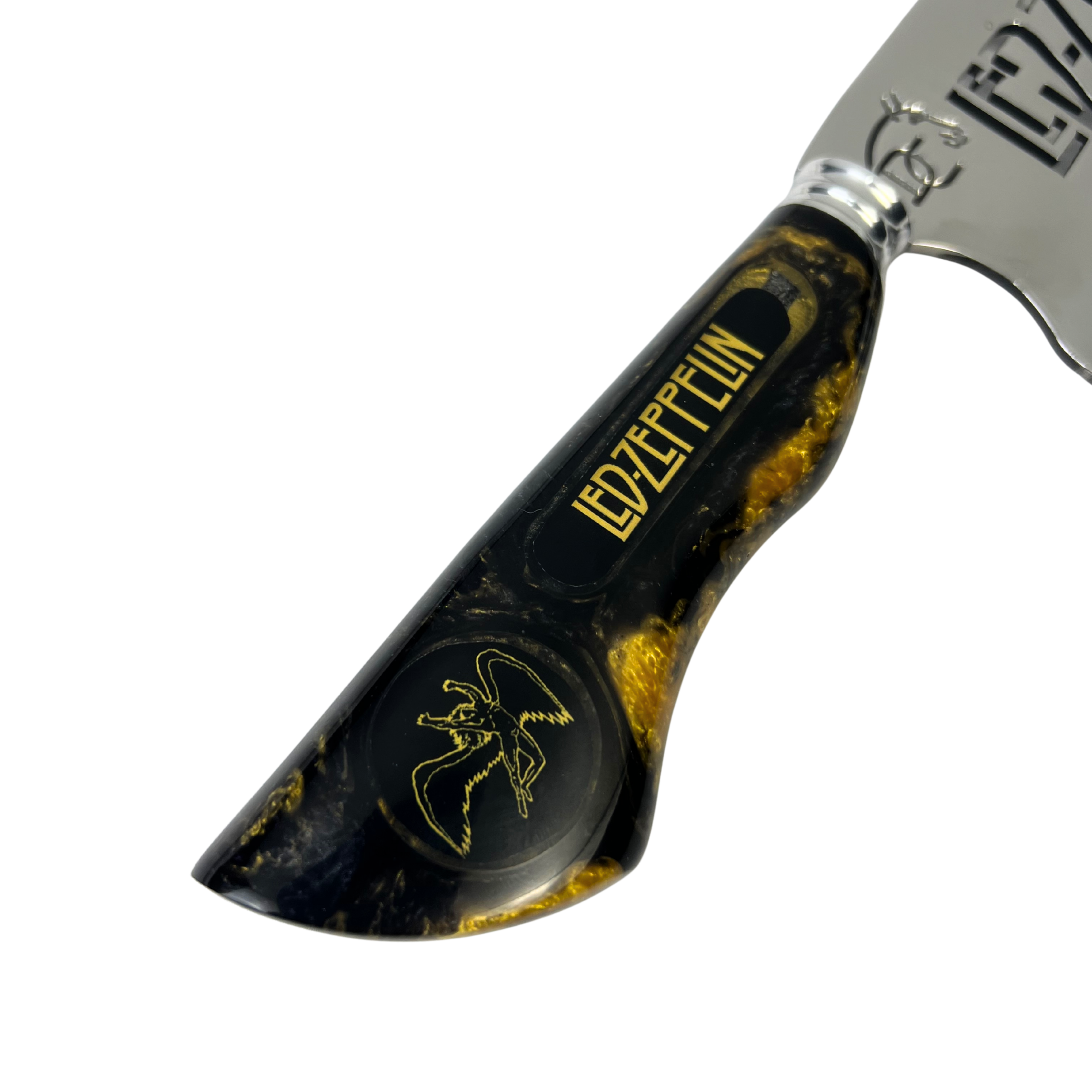 Faca Picanheira 8" Led Zeppelin - Cabo Resina Preta e Dourada