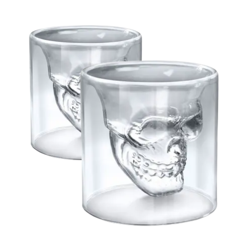 Copo Whisky Caveira Vidro Duplo - 2 Peças - 75ml - Design 3D
