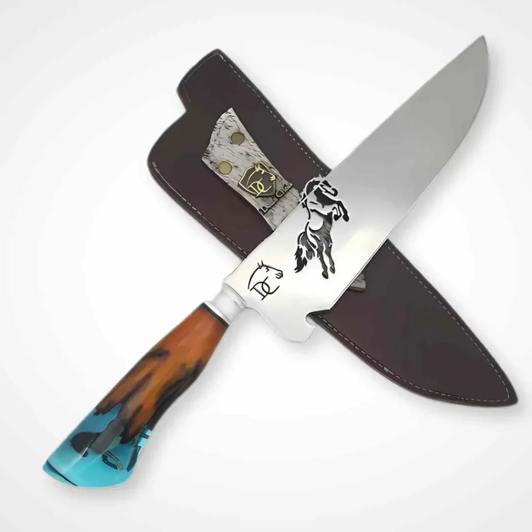 Faca de Churrasco Artesanal 10" Aço Inox Gravado - Cabo Resina com Miniatura Cavalo
